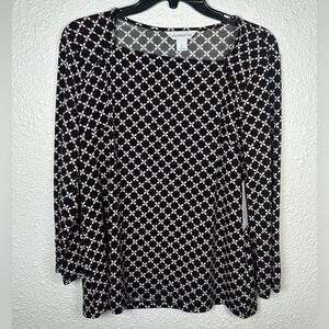 NWT Liz Claiborne Women’s Small Blouse Black Geometric Print Long Sleeve Top